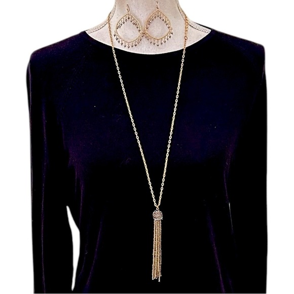 Set of long gold tone necklace topaz beaded tassel & pierced dangle earrings - Picture 1 of 12